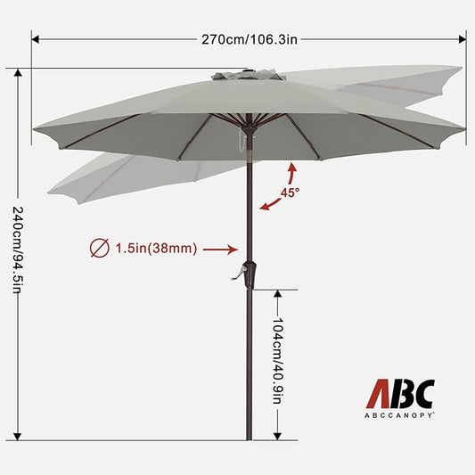 ABCCANOPY 9FT Outdoor Patio Umbrella, 8 Ribs Table Umbrella w/Crank for Easy Set Up, Suitable for Garden, Lawn, Deck & Backyard (Gray)