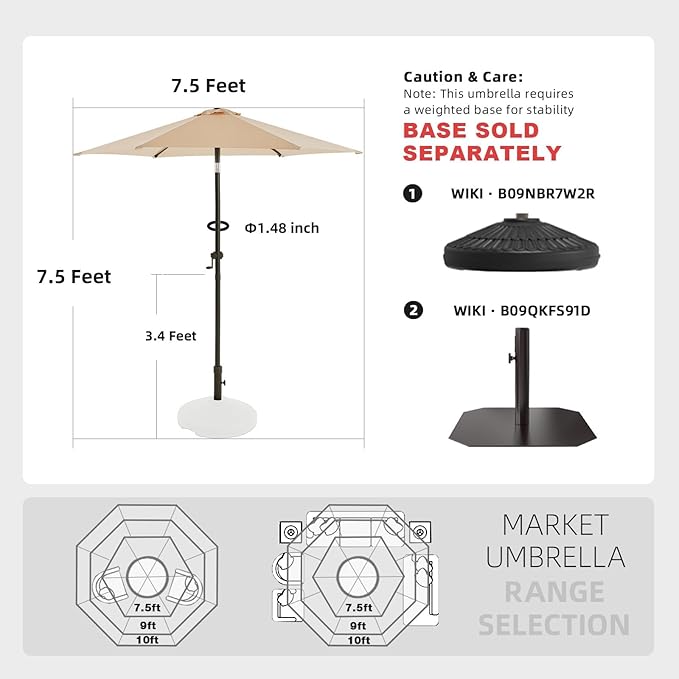 wikiwiki 7.5 FT Patio Umbrellas Outdoor Table Market Umbrella with Push Button Tilt/Crank, 6 Sturdy Ribs, Fade Resistant Waterproof POLYESTER DTY Canopy for Garden, Lawn, Deck, Backyard & Pool, Beige