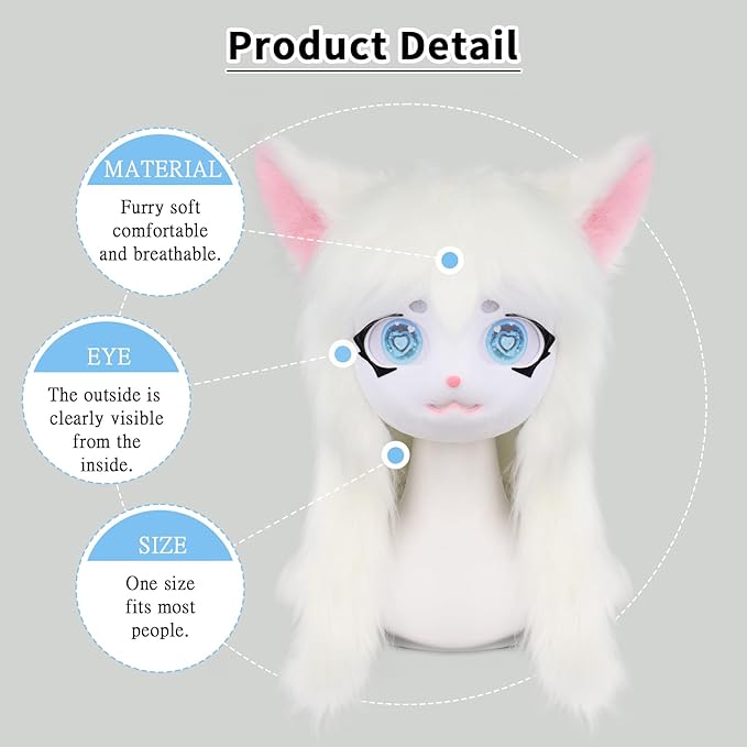 JUNBOON Furry Animal Headgear Beast Full Head Mask Headwear Doll Cosplay Costume Halloween Fursuit