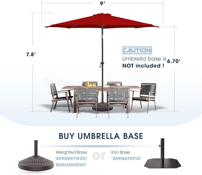 wikiwiki 9 FT Patio Umbrellas Outdoor Table Market Umbrella with Push Button Tilt/Crank, 8 Sturdy Ribs, Fade Resistant Waterproof POLYESTER DTY Canopy for Garden, Lawn, Backyard & Pool, Burgundy Red