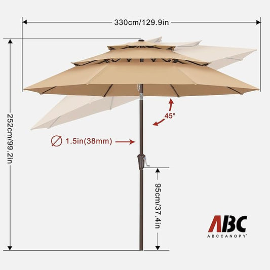 ABCCANOPY 11Ft 3 Tiers Market Umbrella Patio Umbrella Outdoor Table Umbrella (Khaki)
