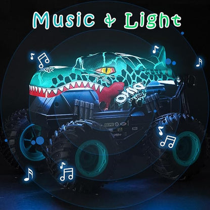 1:20 RC Car for kids, 2.4GHz Remotes, Cyan Dinosaur Monster Truck Toys, All Terrain stunt Remote Control Car with Music, Light, 2 Rechargeable Batteries, Gifts Presents for Boys/Girls Ages 3+