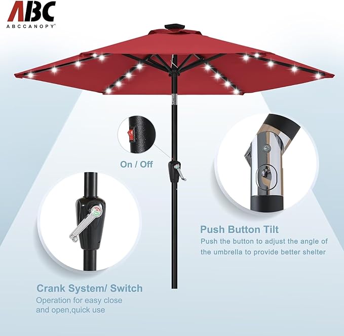 ABCCANOPY Durable Solar Led Patio Umbrellas with 24LED Lights 7.5FT with 6 Sturdy Ribs (Burgundy)