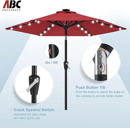 ABCCANOPY Durable Solar Led Patio Umbrellas with 24LED Lights 7.5FT with 6 Sturdy Ribs (Burgundy)