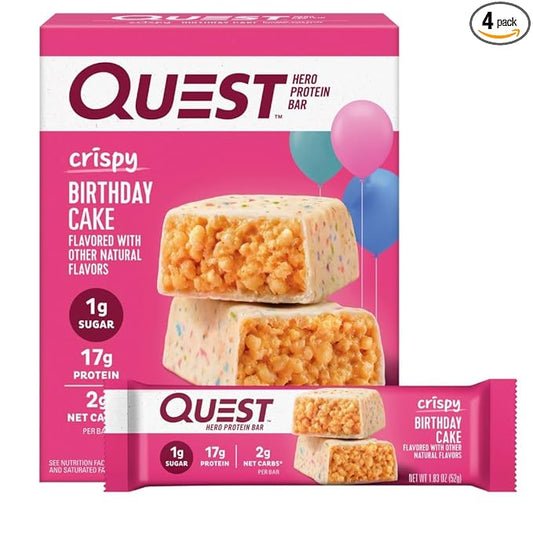 Quest Nutrition Crispy Birthday Cake Hero Protein Bar, 17g Protein, 1g Sugar, 2g Net Carbs, Gluten Free Protein Snack, Keto Friendly, 4 Count