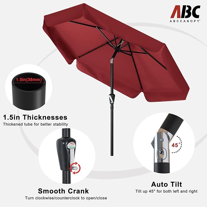 ABCCANOPY Patio Umbrella 7.5ft, Outdoor Table Umbrella with Push Button Tilt and Crank, Market Umbrella for Patio Pool Garden Deck (Burgundy)