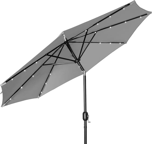 9FT LED Patio Umbrella, Solar Outdoor Umbrellas with LED Lights, Deck Umbrella with Push Button Tilt and Crank, UV Protection Waterproof for Pool, Porch, Garden, Deck, Backyard. (Gay)