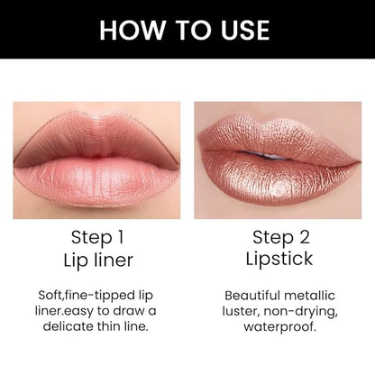 2-in-1 Brown Lip Liner & Lipstick Set Kit for Women, Metallic Lips Kit with Lip Liner Lip Stains Long Lasting Waterproof 24 Hour Lipstick and Lip Liners Combo Lipliners Pencil Set 18