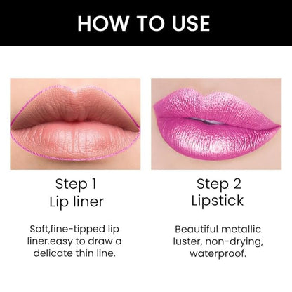 2-in-1 Fuchsia Lip Liner & Lipstick Set Kit for Women, Metallic Lips Kit with Lip Liner Lip Stains Long Lasting Waterproof 24 Hour Lipstick and Lip Liners Combo Lipliners Pencil Set 19