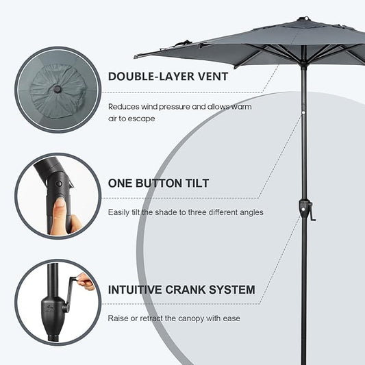 Abba Patio 7.5FT Lyon Outdoor Patio Umbrella Outdoor Table Umbrella with Push Button Tilt and Crank Market Umbrella 6 Sturdy Ribs UV Protection Waterproof for Garden Deck Backyard Pool Grey