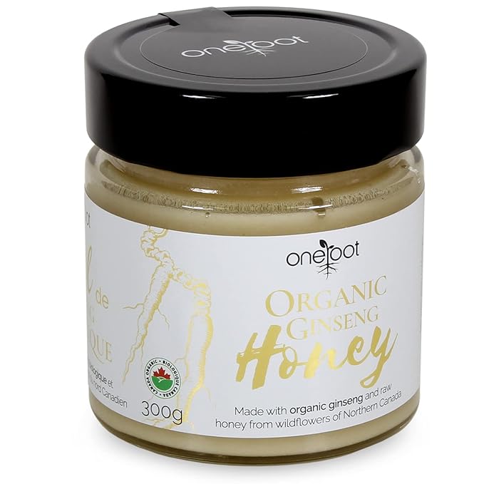 ONEROOT Organic Ginseng Infused Honey 300g (10.6oz) - Infusion of 100% Organic Northern Wildflower Raw Honey and Organic Ontario Ginseng