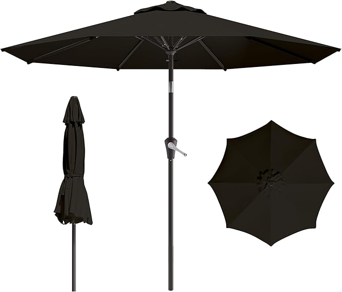 9 FT Patio Umbrella for Outdoor, Outdoor Umbrella with Push Button Tilt and Crank, Outdoor Patio Umbrellas with 8 Sturdy Ribs for Market, Garden, Deck, Backyard, Pool (Black)
