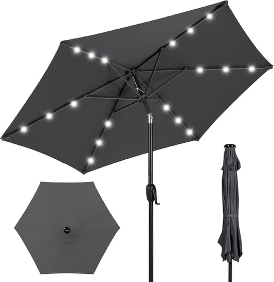 Best Choice Products 7.5ft Outdoor Solar Market Table Patio Umbrella for Deck, Pool w/Tilt, Crank, LED Lights - Gray