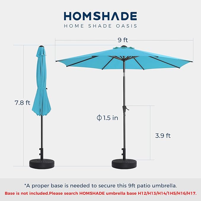 9ft Outdoor Patio Umbrella - UPF50+ UV Protection Market Patio Table Umbrella with Push Button Tilt, Crank and 8 Sturdy Ribs for Pool Deck and Garden (Light Blue, No base)