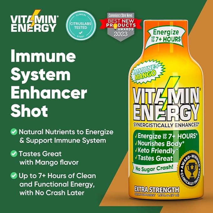 Vitamin Energy Immune+ Extra Strength Daily Energy Shot – Mango – 260mg Natural Caffeine, B-Vitamins, Green Tea, Citicoline – Immune & Focus Support – Zero Sugar, Vegan – 1.93 fl oz, 12-Pack