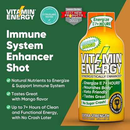 Vitamin Energy Immune+ Extra Strength Daily Energy Shot – Mango – 260mg Natural Caffeine, B-Vitamins, Green Tea, Citicoline – Immune & Focus Support – Zero Sugar, Vegan – 1.93 fl oz, 12-Pack