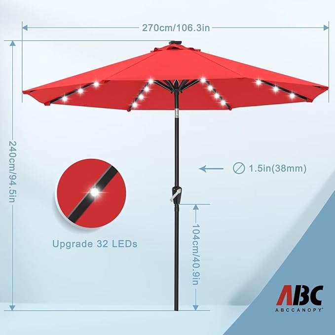 ABCCANOPY Durable Solar Led Patio Umbrellas with 32LED Lights 9FT (Red)