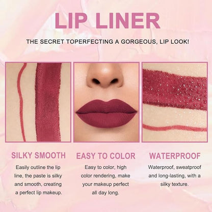 2-in-1 Dark Red Lip Liner & Lipstick Set Kit for Women, Matte Lips Kit with Lip Liner Lip Stains Long Lasting Waterproof 24 Hour Lipstick and Lip Liners Combo Lipliners Pencil Set 06
