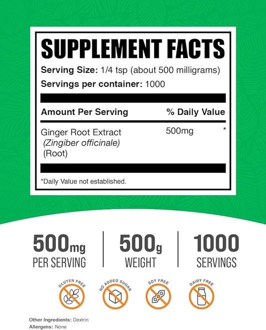BulkSupplements.com Ginger Root Extract Powder - Ginger Supplement, Ginger Root Powder - Herbal Supplement, Gluten Free, 500mg per Serving, 500g (1.1 lbs) (Pack of 1)