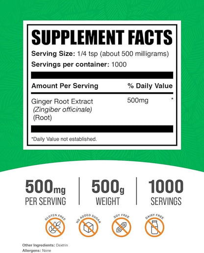 BulkSupplements.com Ginger Root Extract Powder - Ginger Supplement, Ginger Root Powder - Herbal Supplement, Gluten Free, 500mg per Serving, 500g (1.1 lbs) (Pack of 1)
