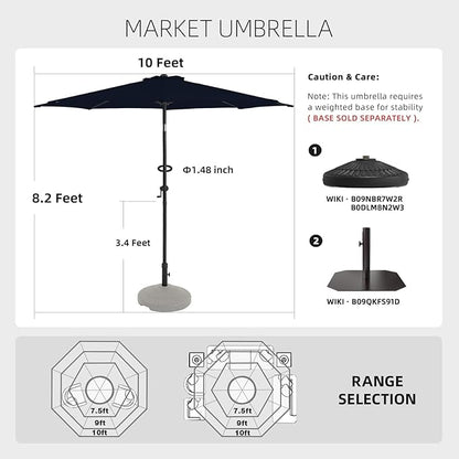wikiwiki 10 FT Patio Umbrellas Outdoor Table Market Umbrella with Push Button Tilt/Crank, 8 Sturdy Ribs, Fade Resistant Waterproof POLYESTER DTY Canopy for Garden, Lawn, Backyard & Pool, Navy Blue