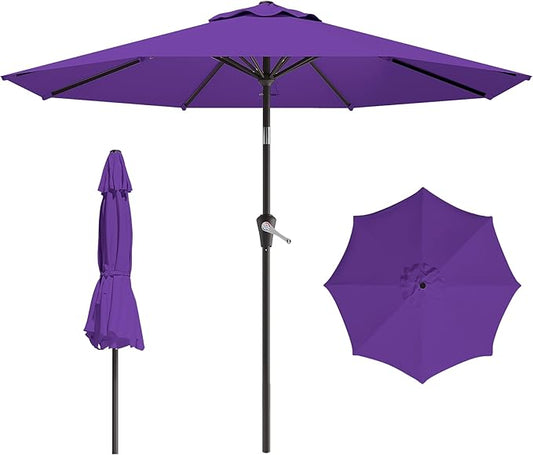9 FT Patio Umbrella for Outdoor, Outdoor Umbrella with Push Button Tilt and Crank, Outdoor Patio Umbrellas with 8 Sturdy Ribs for Market, Garden, Deck, Backyard, Pool (Dark Purple)