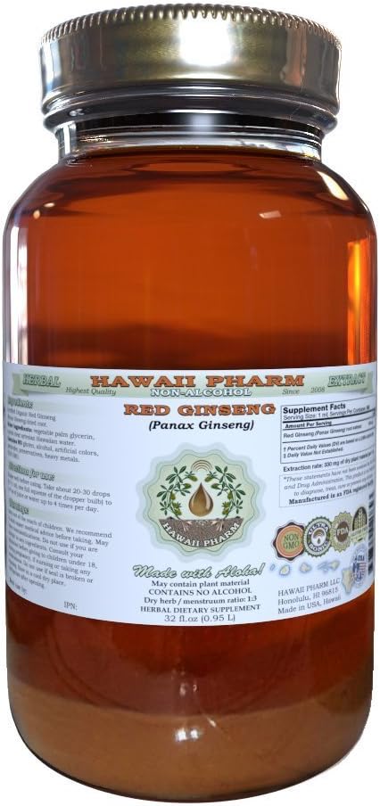 Red Ginseng Alcohol-Free Liquid Extract, Organic Red Ginseng (Panax Ginseng) Dried Root Glycerite Natural Herbal Supplement, Hawaii Pharm, USA 32 fl.oz