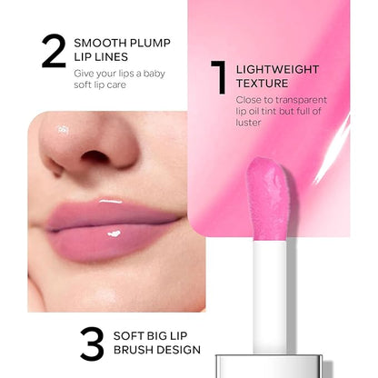 Hydrating Lip Glow Oil, Plumping Moisturizing Lip Oil Gloss, Smooth Lip Lines Plump Lip,Transparent Plumping Clear Glossy Tinted Balm Care 0.2Fl oz #Pink