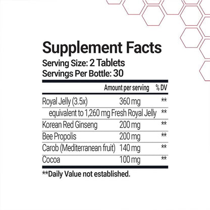 Bee and You Royal Jelly with Ginseng Tablet, Propolis Extract, 60ct, 100% Natural Superfood, Ultra Pure, Immune Support Supplement, Antioxidants, Keto, Paleo, Gluten-Free