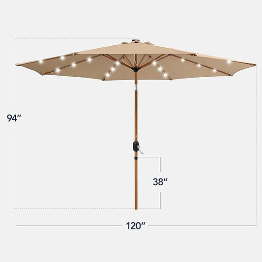 Best Choice Products 10ft Solar Market Patio Umbrella w/Woodgrain Pattern Pole, LED Lights, Tilt & Crank – Outdoor Sun Shade for Backyard Table, Deck, Poolside – Tan