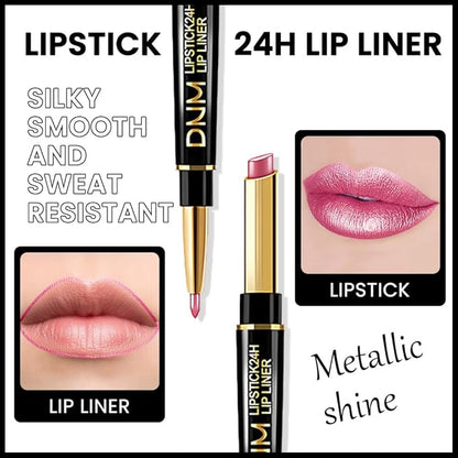 2-in-1 Rose Lip Liner & Lipstick Set Kit for Women, Metallic Lips Kit with Lip Liner Lip Stains Long Lasting Waterproof 24 Hour Lipstick and Lip Liners Combo Lipliners Pencil Set 21