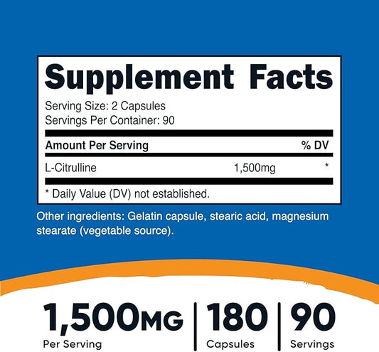 Nutricost L-Citrulline 750mg, 180 Capsules (3 Bottles)