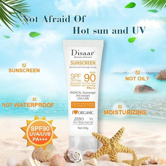 SPF 90 Sunscreen Instant Protection UVA UVB Foundation PA+++ Oil Free Sunblock Cover Protect Perfectly Moisturizing Coverage Surge 40g