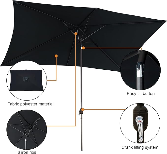 Blissun Rectangular Patio Umbrella, Table Market Umbrella with Tilt and Crank, Outdoor Umbrella for Garden, Deck, Backyard, Pool and Beach