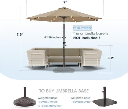 wikiwiki 9ft Solar Led Patio Umbrella, Sturdy Outdoor Market Umbrella for Deck, Pool, Garden w/Tilt, Crank, 32 LED Lights, Tan