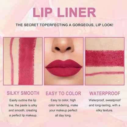 2-in-1 Plum Red Matte Lip Liner and Lipstick Combo, Red Lipsticks for Women 24 hour Long Lasting Waterproof Smudge Proof, Easy to apply, Everyday Lips Makeup 02