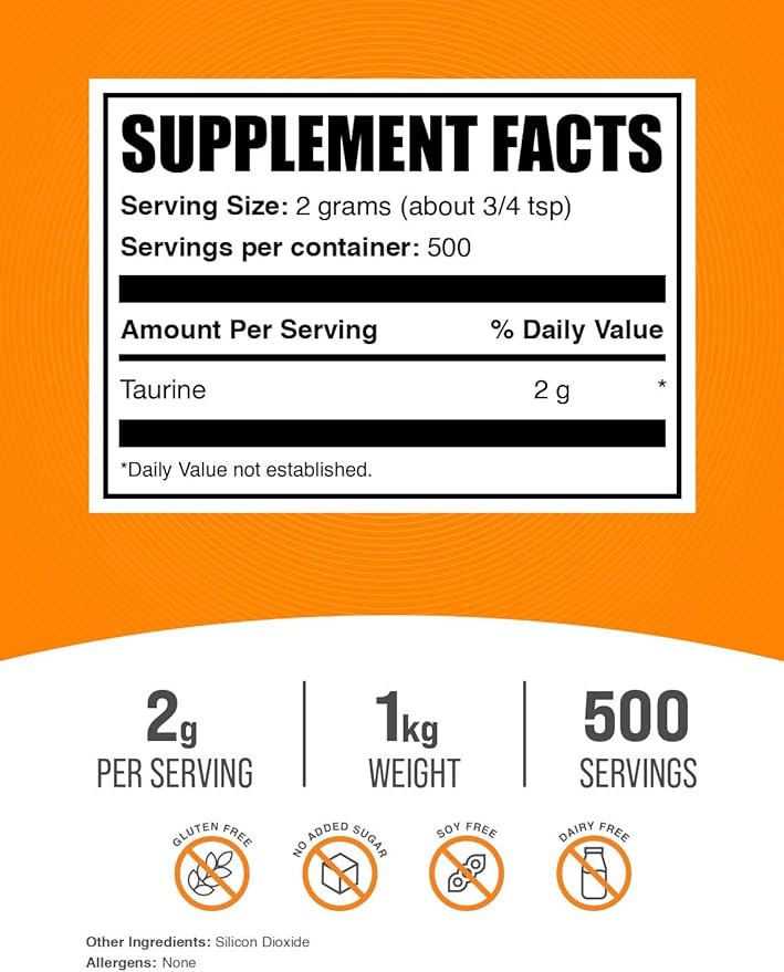 BulkSupplements.com Taurine Powder - Taurine Supplement, Taurine 2000mg - Amino Acids Supplement for Energy - Unflavored & Gluten Free, 2g per Serving, 1kg (2.2 lbs) (Pack of 1)