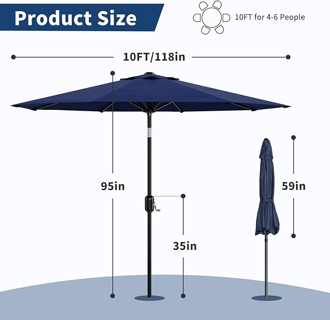 10Ft Patio Umbrella - 8 Sturdy Ribs Outdoor Table Umbrella with Crank Lift & Push Button Tilt - Market Umbrella for Pool, Deck, Yard, Garden - Navy Blue