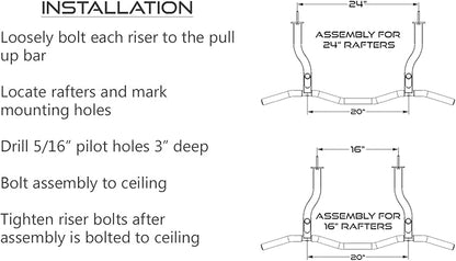 Ceiling Mount Pull Up Bar with Reversible Risers 16 and 24 Inch