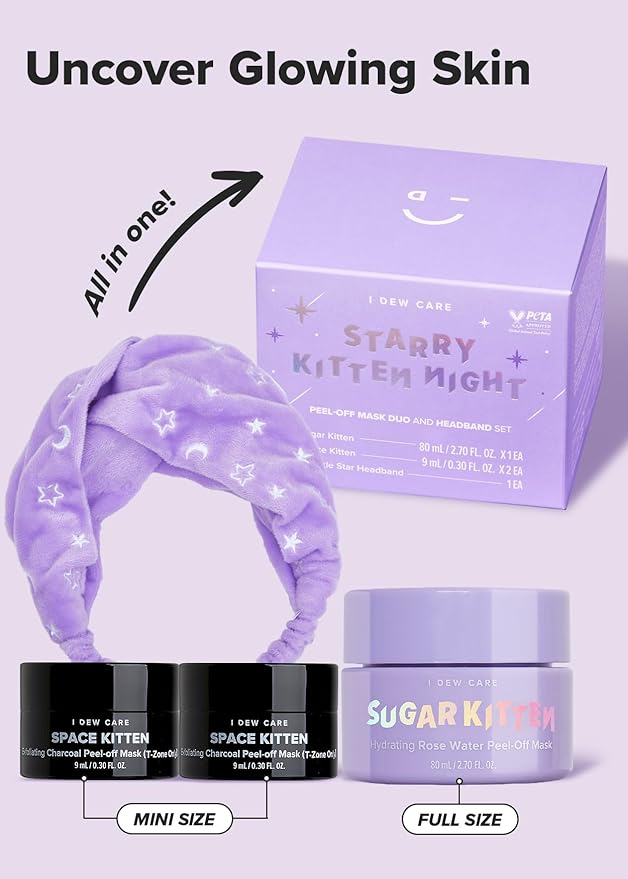 I DEW CARE Peel-off Face Mask Set - Starry Kitten Night | Masks 3ea & Headband, Hydrating, Illuminating, Exfoliating, Korean Skin Care, Exfoliating, Deep Cleansing
