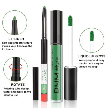 evpct 2Pcs Light Festival Green Matte Liquid Lipstick Lip Gloss Stain and Retractable Lip Liner Makeup Set for Women Long Lasting Waterproof 24 Hours Lipstick labial mate larga duracion 24 49#