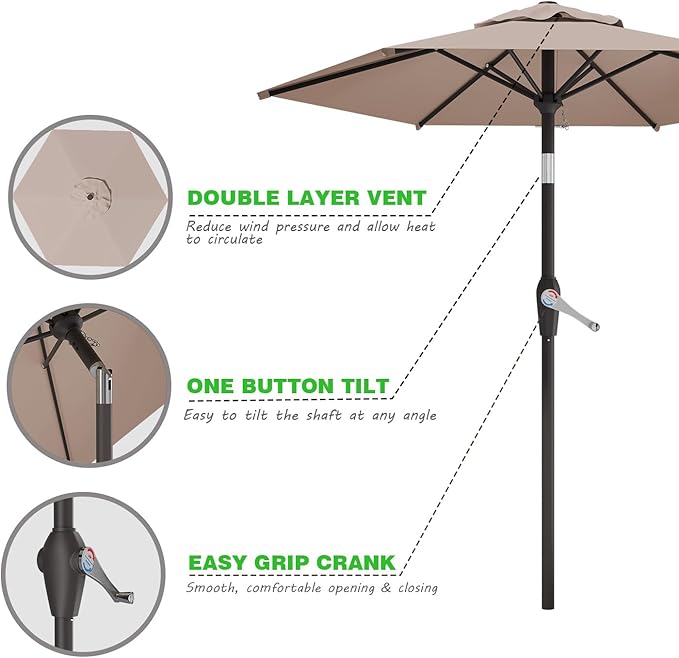 7.5FT Patio Umbrella Table Market Umbrella w/Tilt and Crank Heavy-Duty Round Outdoor Umbrellas for Garden, Deck, Backyard, Pool and Beach, Khaki
