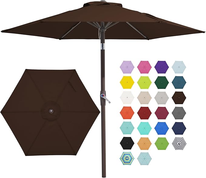 JEAREY 7.5FT Patio Umbrella Market Table Umbrella with 6 Sturdy Ribs, Push Button Tilt/Crank Outdoor Umbrella for Garden, Deck, Backyard, Pool and Beach,Brown