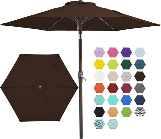 JEAREY 7.5FT Patio Umbrella Market Table Umbrella with 6 Sturdy Ribs, Push Button Tilt/Crank Outdoor Umbrella for Garden, Deck, Backyard, Pool and Beach,Brown
