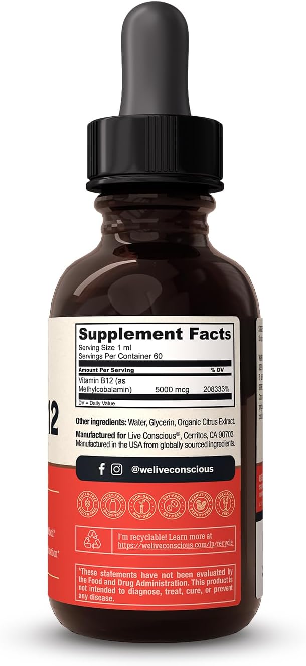 Live Conscious Vegan Vitamin B12 Sublingual Liquid Drops Methylcobalamin Max Strength B12 5000mcg Formula - Vegan B 12 Vitamin Support Energy, Promote Memory & Aid Immune System (2 Pack)
