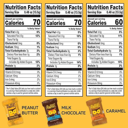 AWAKE - Caffeinated Chocolate Bites - Coffee Alternative - 50mg Caffeine - Energy Bars - Low-Calorie Snacks - Peanut Butter, Milk & Caramel Holiday Variety Pack - 50 Bites