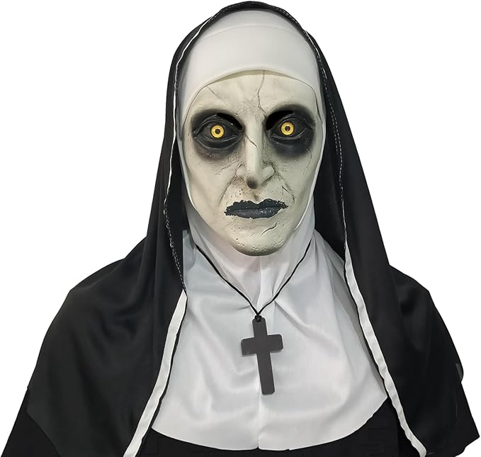 2024 Nun Scary Mask,Halloween Party Scary Full Head Costume Mask with cross necklace