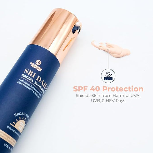 SRI Daily Facial Sunscreen - SPF 40 - Anti-Aging with Lipochroman & Peptides - Transparent Zinc Oxide - Universal tint & Weightless - 1.7 OZ