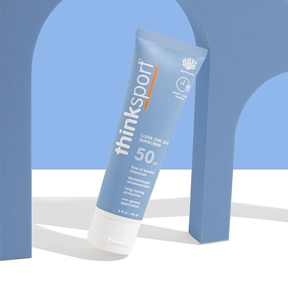 Thinksport Mineral Sunscreen, SPF 50 Clear Zinc Oxide Sunscreen, 3 Fl Oz, Natural, Water Resistant, Reef Safe, Broad Spectrum UVA/UVB Sun Screen for Sun Protection, Travel Size
