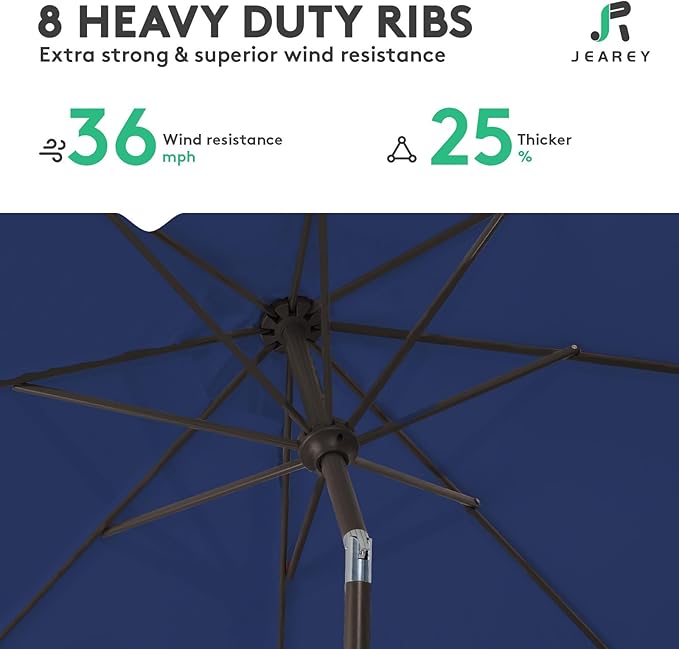 JEAREY 9FT Outdoor Patio Umbrella Outdoor Table Umbrella with Push Button Tilt and Crank, Market Umbrella 8 Sturdy Ribs UV Protection Waterproof for Garden, Deck, Backyard, Pool (Deep Blue)